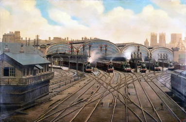 Locomotives à vapeur à la gare de York, Yorkshire, vers 1910