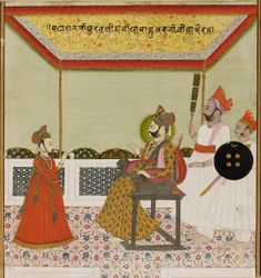 Surat Singh assis sur un trône armé de lions et recevant son jeune fils, vers 1800