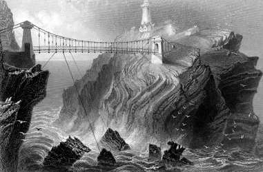 Pont suspendu vers le phare de South Stack près de Holyhead, Pays de Galles, vers 1860