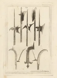 Lame de hallebarde 1,3,5, billot brun 2, hache de Lochaber 4, billot ancien 6, billot à main avec petites cloches 7, et billot trouvé à Battefield, Shrewsbury 8