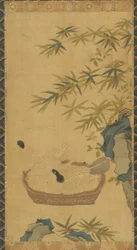 Tapisserie : colombes se baignant dans un bol, rochers et bambous, possiblement dynastie Ming, 1368-1644