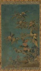 Tapisserie : arbres fruitiers et roses trémières, dynastie Ming