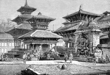 Temples face à la place royale, Katmandou, Népal, 1895