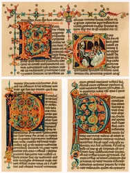 Page de texte avec lettres initiales illuminées, 14ème siècle