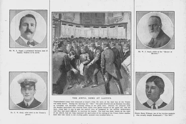 La terrible nouvelle à Lloyds, avec des portraits de certains de ceux à bord du Titanic, 20 avril 1912