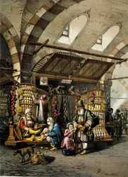 Le Bazar (souk) de Constantinople, lithographie en couleur
