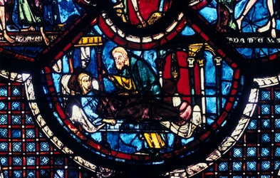 Le Bon Samaritain prend soin du Pèlerin, vitrail, Cathédrale de Chartres, France