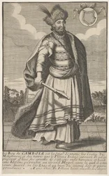Le roi du Cambodge debout avec un sceptre dans sa main droite, ca. 1670-1700