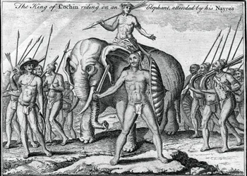 Le roi de Cochin chevauchant un éléphant, accompagné de ses Nayros, vers 1745