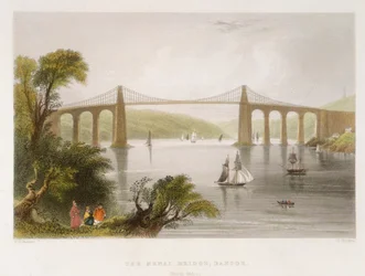 Le pont Menai, Bangor, nord du Pays de Galles, vers 1826-1850