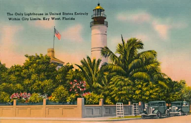 Le seul phare des États-Unis entièrement dans les limites de la ville, Key West, Floride, vers 1940