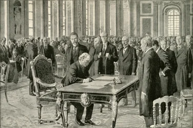 Le Premier Ministre de Grande-Bretagne signant le traité de paix, 1919