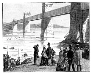 La visite de la reine au pont tubulaire Britannia, Pays de Galles, vers 1888