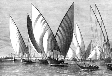 Le fleuve au pont de Boulak, Le Caire, avec des dahabiehs passant, 1874