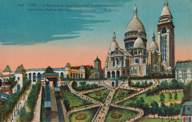 La basilique du Sacré-Cœur avec escalier monumental, Paris, vers 1920