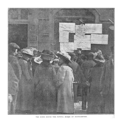 La scène autour de la table fatidique à Southampton, 20 avril 1912