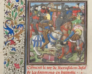 La bataille entre les croisés et les Sarrasins. Miniature de l