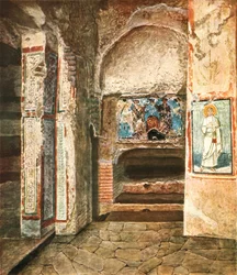 La chapelle funéraire des SS. Félix et Adauctus dans les catacombes de Commodilla, Rome, Italie, 1928
