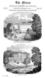 La première filature de coton à Cromford, Derbyshire, et la maison de Richard Arkwright, 1836