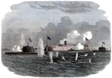 La frégate cuirassée, New Ironsides, et deux batteries Ericsson entrant en action à Charleston