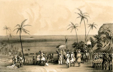 Les marchands de Calicut saisis et enchaînés à un rocher stérile par ordre de Tippoo Saib, 1847