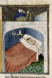 Le moine dort avec la femme pendant que le mari prie