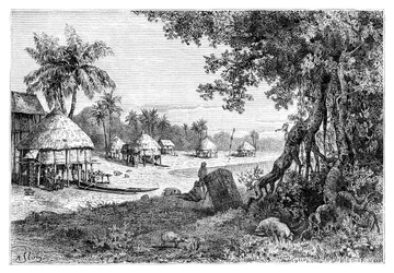 Le village de Sawi, Car-Nicobar, îles Nicobar, Inde, 1895