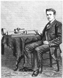 Thomas Alva Edison, inventeur américain, avec un modèle précoce de son phonographe, 1878
