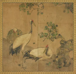 Trois grues sous un arbre, période Edo, 1615-1868