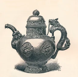 Théière tibétaine avec bec et poignée en forme de dragon montrant une influence chinoise, vers 1904