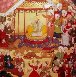 Timur sur le trône pendant les célébrations, manuscrit moghol, 1600-1601
