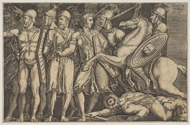 Trajan combattant les Daces, Trajan à cheval à droite se dirigeant vers un groupe