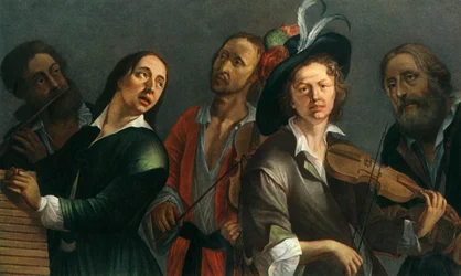 Flûte traversière, xylophone, alto et violon, peintre tchèque inconnu de la seconde moitié du XVIIe siècle