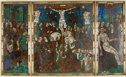 Triptyque avec Le Chemin du Calvaire, Crucifixion et Descente de Croix, français, 16e siècle