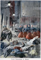 Troupes tentant de dégager les rues lors des émeutes anti-juives, Alger, Algérie, 1898