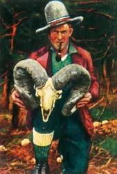 Chasseur de trophées tenant un crâne de mouflon