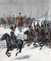 Tsar Nicolas II passant en revue les cosaques, guerre russo-japonaise, 1904-1905