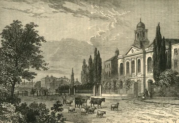 Péage sur la route de Hampstead, et église St. James, en 1820, vers 1876