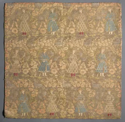 Tissu sergé avec des fauconniers parmi les rosiers, 1650-1699