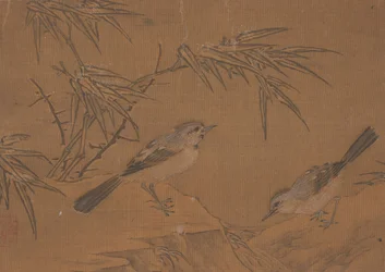 Deux oiseaux et plante de bambou