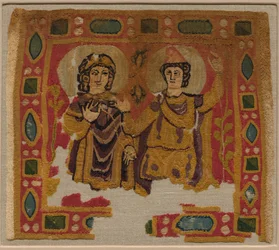 Deux figures encadrées par une bordure ornée de bijoux, 450-550
