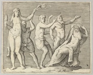 Deux figures, un faune et un satyre approchant une femme allongée
