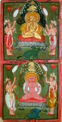 Deux Tirthankaras jaïns ou fabricants de gué et leurs dévots, région de Bundi, Inde, vers 1720