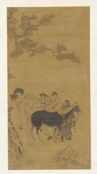 Deux hommes et deux chevaux sous un pin, dynastie Qing, 18e siècle