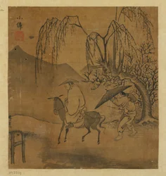 Deux voyageurs sous la pluie, possiblement dynastie Ming