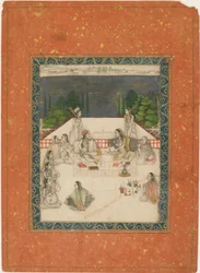 Deux femmes assises sur une terrasse, entourées de serviteurs et de musiciens, vers 1650