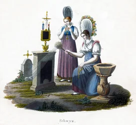 Deux femmes devant une pierre tombale dans un cimetière, c1800