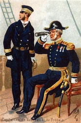 U : Capitaine de navires et frégate. Gravure dans « Alphabet militaire ». Initiales de l