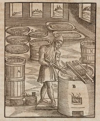 Un homme teste le salpêtre, utilisé dans la poudre à canon et la conservation de la viande - Gravure extraite de Description des minerais et des principales méthodes d