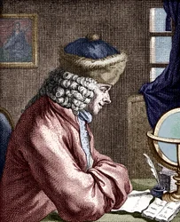 VOLTAIRE, François-Marie Arouet - portrait de Voltaire travaillant. Écrivain, philosophe, dramaturge, poète français 1694-1778. Gravure du XVIIIe siècle